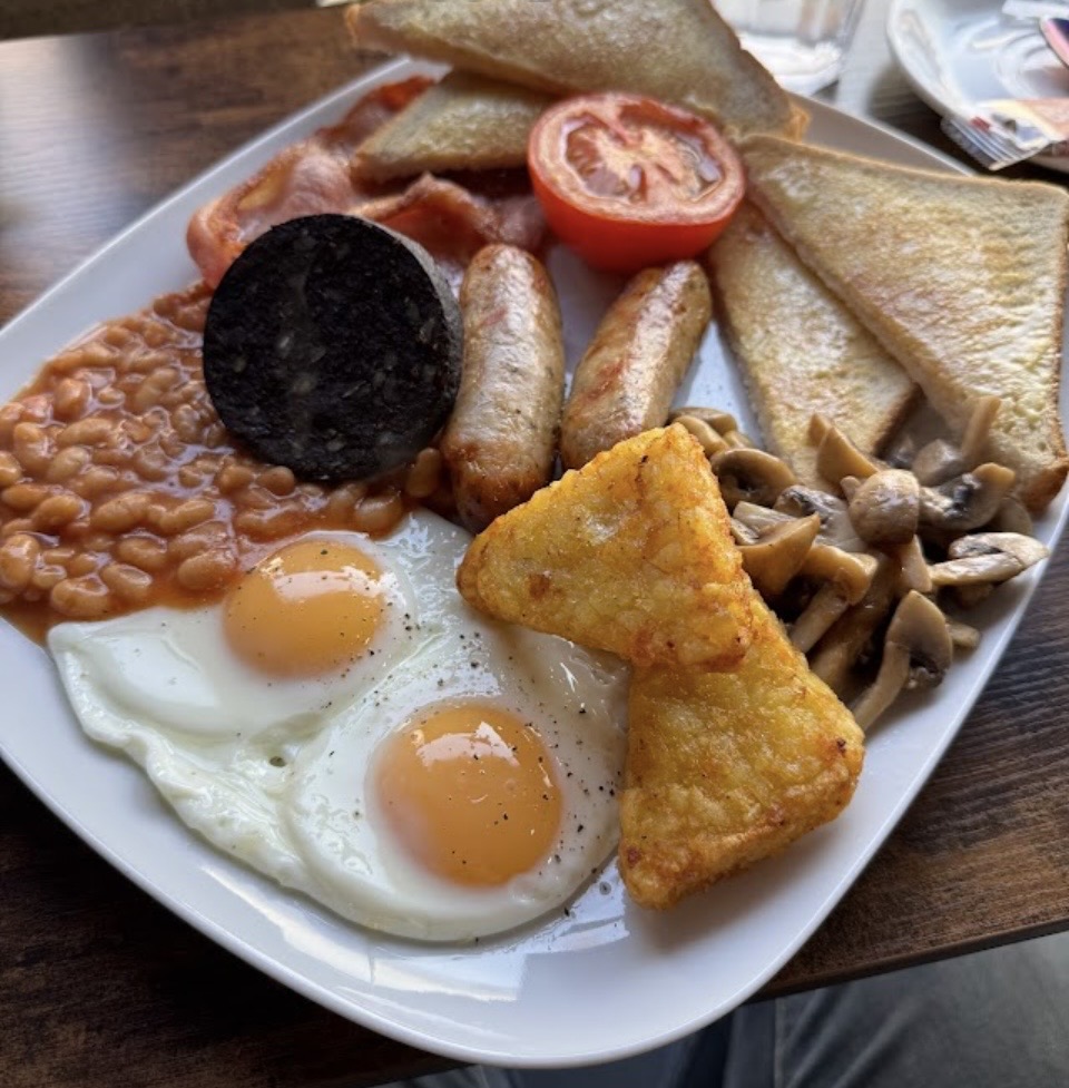 Borg's Big Breakfast — sausages, bacon, hash browns, eggs, tomato, mushrooms, beans and black pudding